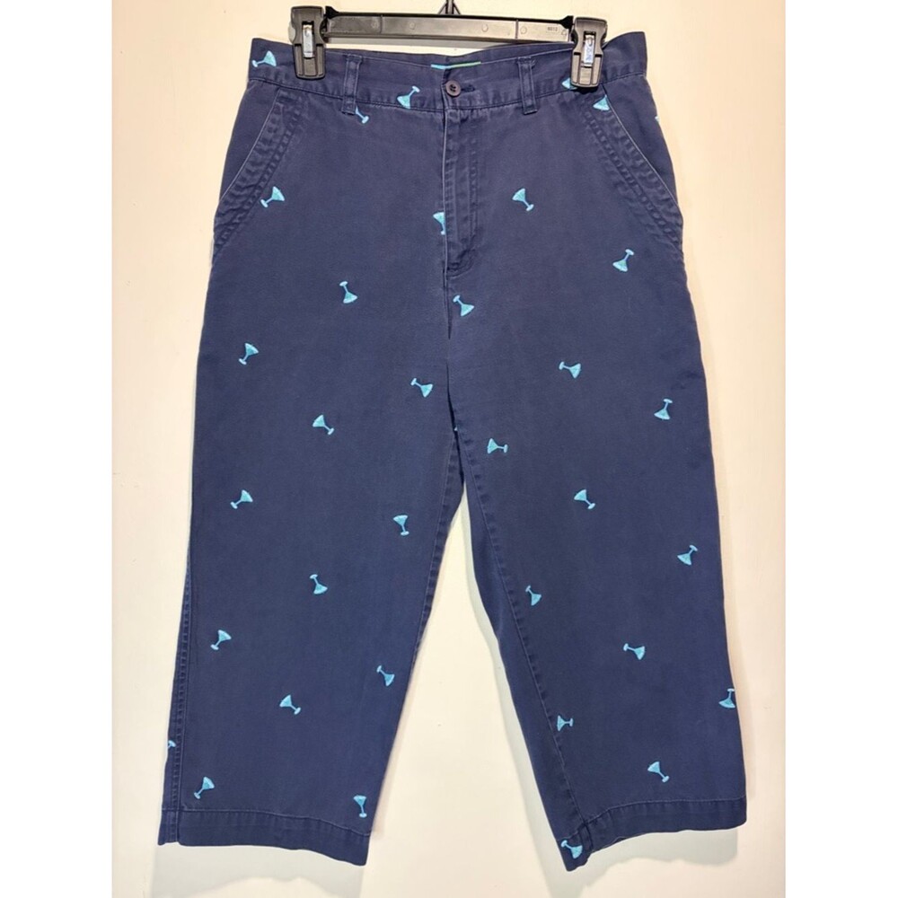 Tahiti Reef Club Martini Glass Embroidered Wide Leg Capri Pants Blue Size 8